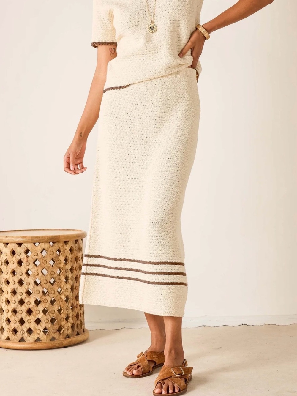 NWT Voyageur by MERSEA Paley Crochet Midi Skirt - Ecru with Almond Stripe - XL